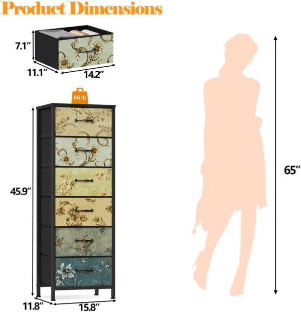 Furnulem Tall 6 Drawers Dresser, Vintage Storage Organizer Unit with Fabric Bins for Bedroom, Living Room, Closet, Nusery, Dorm, Entryway, Bedside Furniture, Sturdy Metal Frame, Wood Top - Image 3