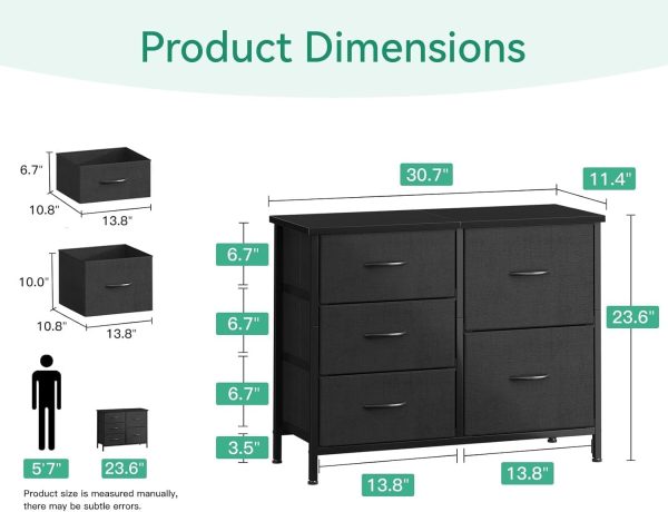 AODK Dresser for Bedroom Dresser TV Stand with 5 Storage Drawers, Small Fabric Dresser Chest of Drawers for Closet Organizer Clothes, Black - Image 3