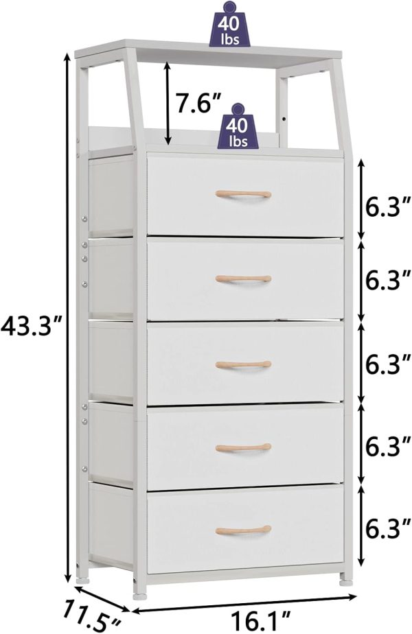 Furnulem White Dresser with 5 Drawers, Vertical Storage Tower Fabric Dresser for Bedroom, Hallway, Entryway, Nursery, Closet Organizer, Nightstand Bedside Table Furniture, Sturdy Steel Frame, Wood Top - Image 3