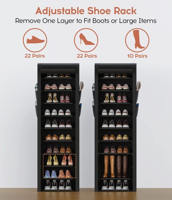 VTRIN Vertical Narrow Shoe Rack Organizer Tall Shoe Rack for Closet Entryway 10 Tier Non-Woven Cover Shoe Shelf Holds 20-22 Pairs Free Standing Shoe Storage Cabinet with Dustproof Cover Black - Image 3