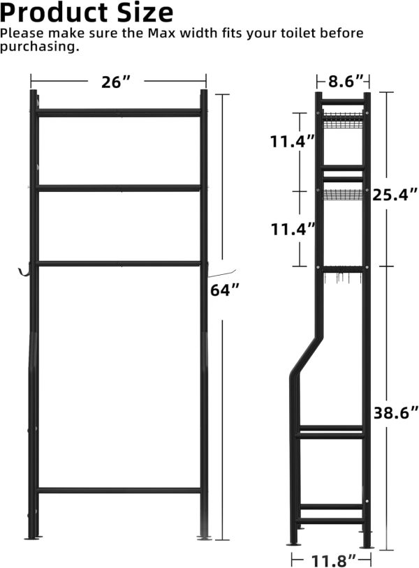3-Tier Over The Toilet Storage, Freestanding Metal Bathroom Shelves with 4 Hooks, Over Toilet Storage Shelf with Paper Holder, Above The Toilet Shelf for Bathroom Storage, Black - Image 3