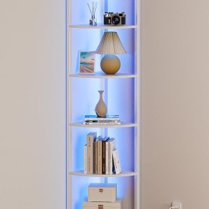 Furnulem 6 Tier Corner Shelf with LED Light, 67.5” Tall Standing Shelf Organizer, White Narrow Bookshelf with Storage Rack for Wall Corner, Living Room, Bedroom, Metal Frame, Wood Display Shelf