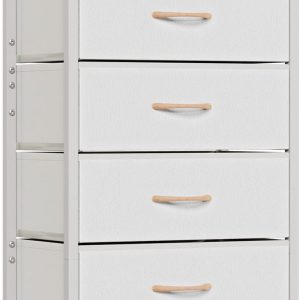 Furnulem White Dresser with 5 Drawers, Vertical Storage Tower Fabric Dresser for Bedroom, Hallway, Entryway, Nursery, Closet Organizer, Nightstand Bedside Table Furniture, Sturdy Steel Frame, Wood Top
