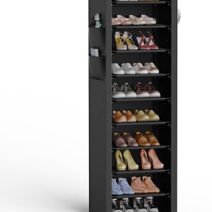 VTRIN Vertical Narrow Shoe Rack Organizer Tall Shoe Rack for Closet Entryway 10 Tier Non-Woven Cover Shoe Shelf Holds 20-22 Pairs Free Standing Shoe Storage Cabinet with Dustproof Cover Black