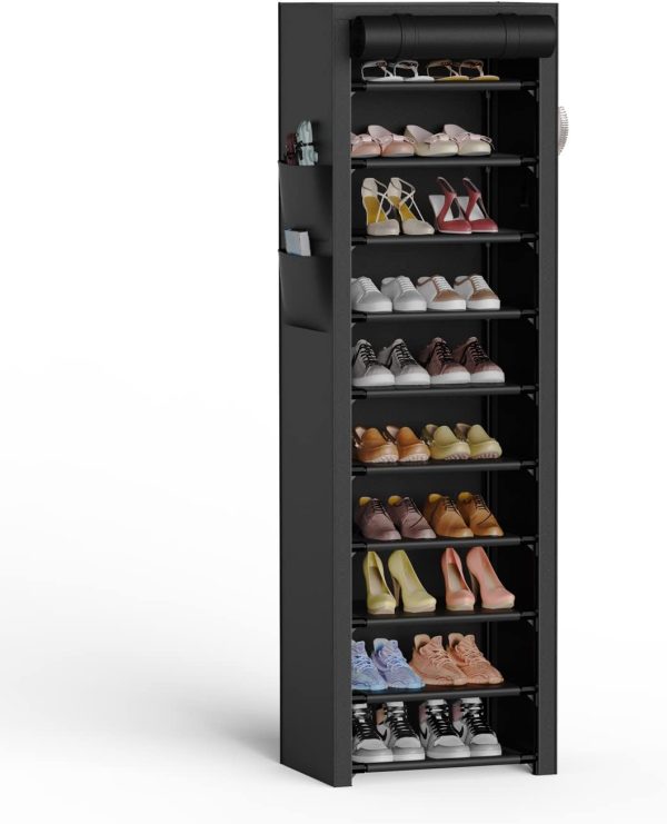 VTRIN Vertical Narrow Shoe Rack Organizer Tall Shoe Rack for Closet Entryway 10 Tier Non-Woven Cover Shoe Shelf Holds 20-22 Pairs Free Standing Shoe Storage Cabinet with Dustproof Cover Black