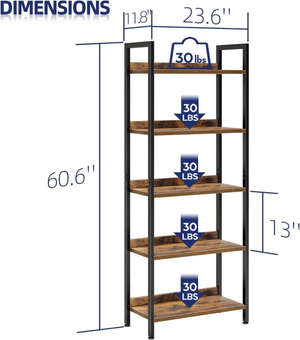 NUMENN Bookshelf, 5 Tier Bookshelves, Home Office Bookcase Shelf Storage Organizer, Free Standing Storage Shelving Unit for Bedroom, Living Room and Home Office, Vintage - Image 3