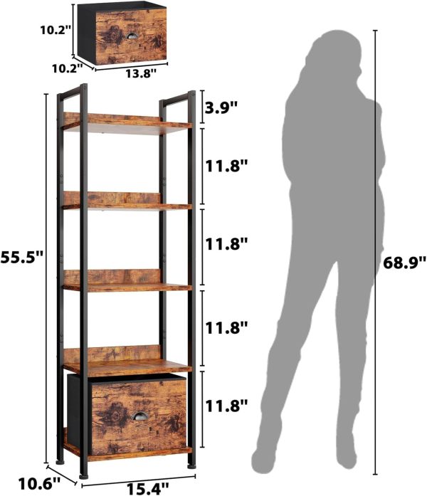 Furologee 5 Tier Bookshelf with Drawer, Tall Narrow Bookcase with Shelves, Wood and Metal Bookshelves Storage Organizer, Industrial Display Standing Shelf Unit for Bedroom, Living Room, Rustic Brown - Image 3