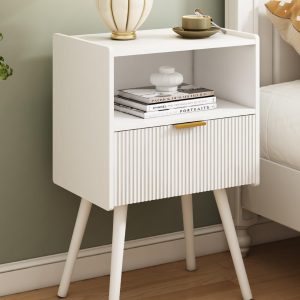 White Nightstand,Modern Bedside Table with Storage Drawer and Open Wood Shelf, for Living Room, Bedroom and Small Spaces, Accent Night Stand with Solid Wood Legs, Easy Assembly,Classic White