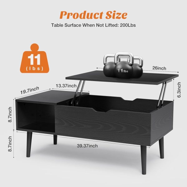 Sweetcrispy Coffee Table Black, Lift Top Coffee Tables for Living Room, Small Rising Wooden Dining Center Tables with Storage Shelf and Hidden Compartment - Image 2