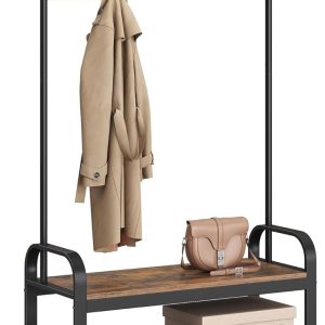 VASAGLE Coat Rack, Hall Tree with Shoe Bench for Entryway, Entryway Bench with Coat Rack, 4-in-1, with 9 Removable Hooks, a Hanging Rod, 13.3 x 33.1 x 72.1 Inches, Rustic Brown and Black UHSR400B01