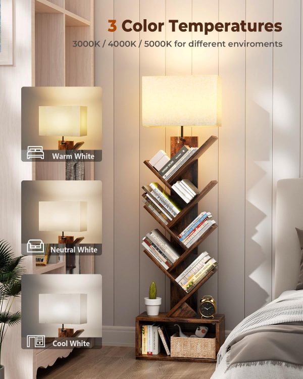 6 Tier Tree Bookshelf with Light, Narrow Bookcase Tower, Tall Floor Standing Book Organizer with Storage Cabinet for Living Room, Bedroom and Home Office, Rustic Brown - Image 3