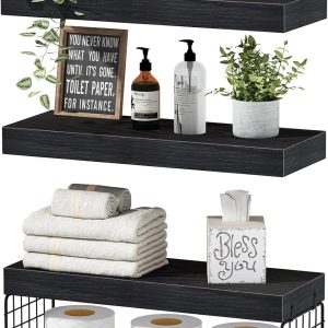 QEEIG Black Bathroom Shelves Over Toilet Wall Mounted Floating Shelves Farmhouse Shelf Toilet Paper Storage Small 16 inch Set of 3 (019-B3)