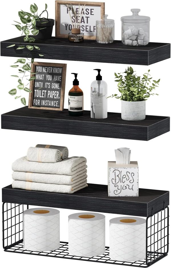 QEEIG Black Bathroom Shelves Over Toilet Wall Mounted Floating Shelves Farmhouse Shelf Toilet Paper Storage Small 16 inch Set of 3 (019-B3)