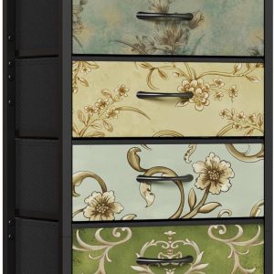 Furnulem Retro 5 Drawers Dresser, Tall Dresser for Bedroom, Closet, Hallway, Nursery, Fabric Storage Tower Dresser Organizer, Vertical Nightstand Side Table Furniture, Steel Frame, Wood Top