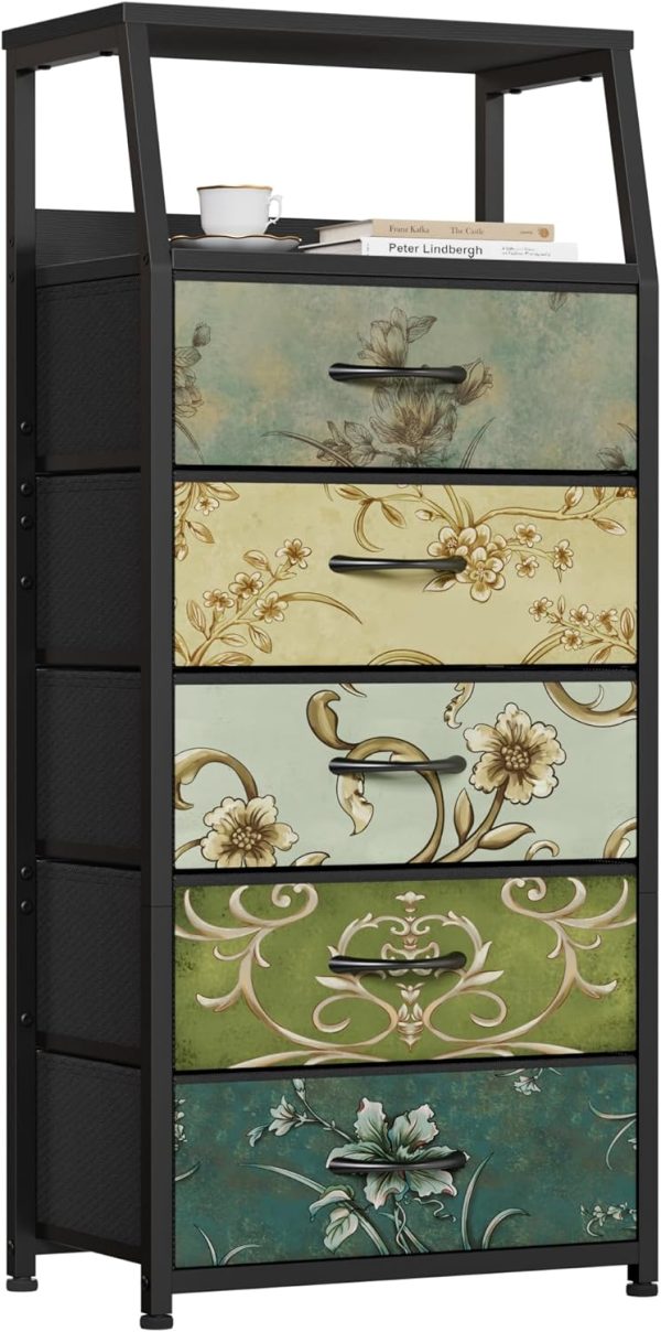 Furnulem Retro 5 Drawers Dresser, Tall Dresser for Bedroom, Closet, Hallway, Nursery, Fabric Storage Tower Dresser Organizer, Vertical Nightstand Side Table Furniture, Steel Frame, Wood Top