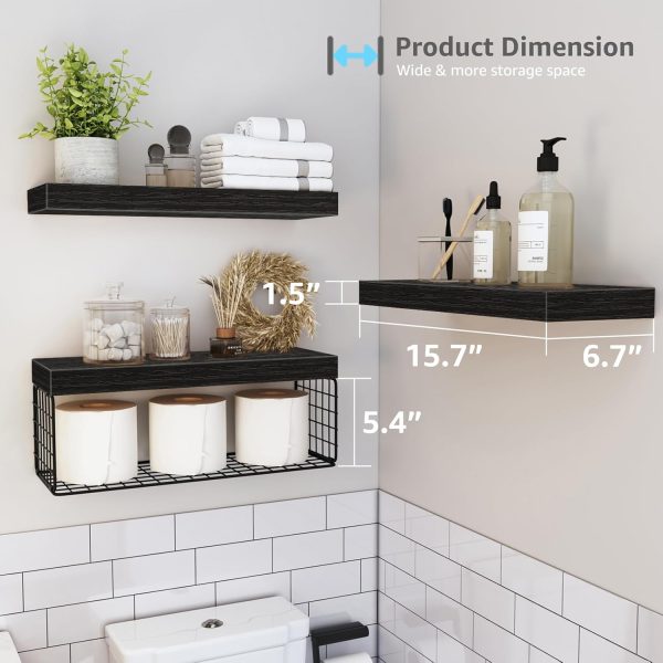 QEEIG Black Bathroom Shelves Over Toilet Wall Mounted Floating Shelves Farmhouse Shelf Toilet Paper Storage Small 16 inch Set of 3 (019-B3) - Image 3