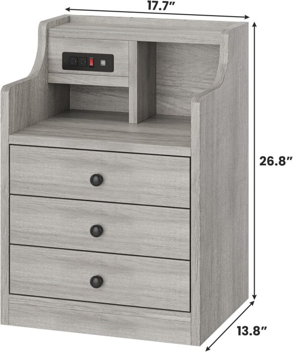 Tiptiper Nightstand with Charging Station, Grey Night Stands with Hutch, 3 Drawers Bedroom End Table Bedside Table with 2 USB Ports & 2 Outlets - Image 3