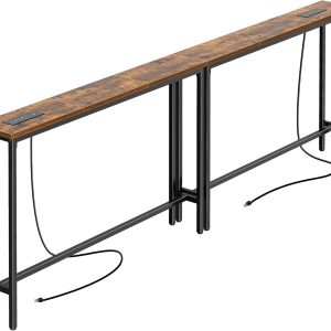 SUPERJARE 5.9 Inch Narrow Console Table with Outlet, Sofa Table Set of 2, Total Length 78.8'', Behind Couch Table, Long Entryway Tables with Charging Station, for Living Room, Hallway, Rusitc Brown