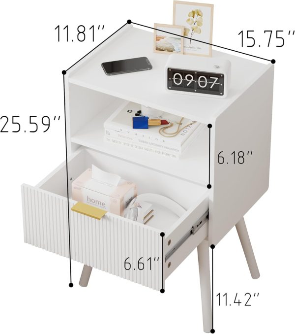 White Nightstand,Modern Bedside Table with Storage Drawer and Open Wood Shelf, for Living Room, Bedroom and Small Spaces, Accent Night Stand with Solid Wood Legs, Easy Assembly,Classic White - Image 2