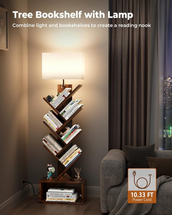 6 Tier Tree Bookshelf with Light, Narrow Bookcase Tower, Tall Floor Standing Book Organizer with Storage Cabinet for Living Room, Bedroom and Home Office, Rustic Brown - Image 2