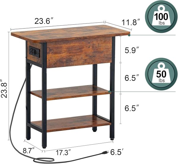 Yoobure End Table with Charging Station, Flip Top Side Table with USB Ports and Outlets, Sofa Couch Table Bedside Table for Living Room Bedroom, Narrow Nightstand with Storage Shelves for Small Space - Image 3