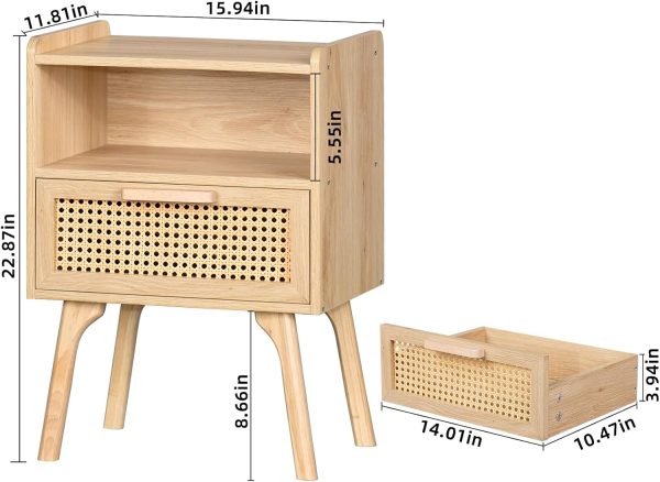 Lerliuo Rattan Nightstand, Boho Side Table with Drawer Open Shelf, Cane Accent Bedside End Table with Solid Wood Legs for Bedroom, Dorm and Small Spaces (Natural) - Image 3