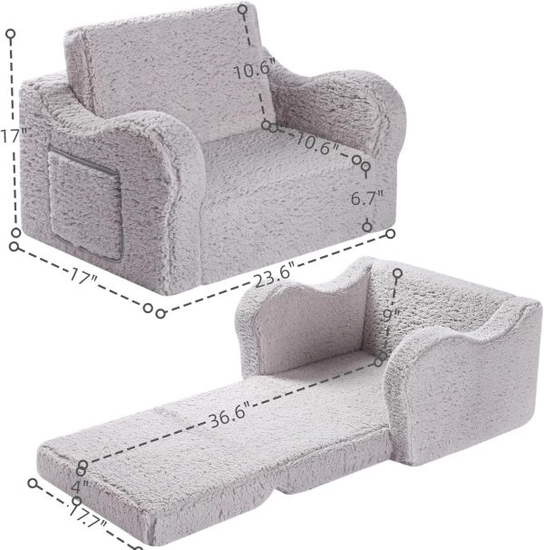 Kids Chairs for Toddler, 2-in-1 Toddler Soft Sherpa Couch Fold Out, Convertible Sofa to Lounger for Girls and Boys, Grey - Image 3