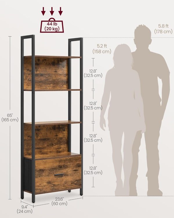 VASAGLE 5-Tier Bookshelf, Book Shelf with Drawer, Industrial Bookcase, with Steel Frame, for Living Room, Home Office, Bedroom, 9.4 x 23.6 x 65 Inches, Rustic Brown and Black ULLS147B01 - Image 3
