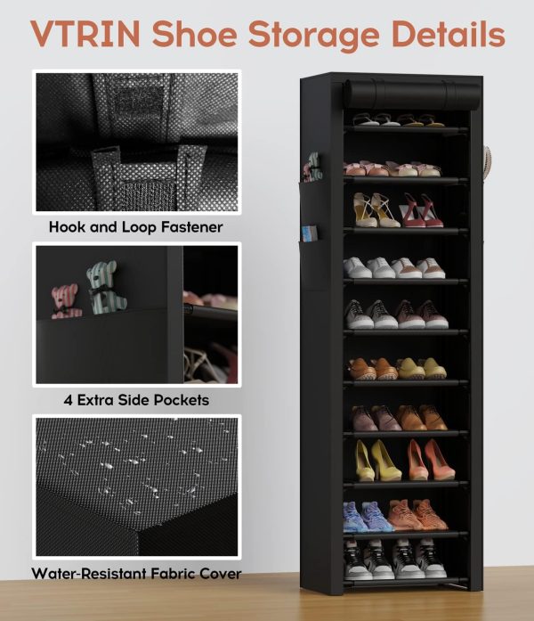 VTRIN Vertical Narrow Shoe Rack Organizer Tall Shoe Rack for Closet Entryway 10 Tier Non-Woven Cover Shoe Shelf Holds 20-22 Pairs Free Standing Shoe Storage Cabinet with Dustproof Cover Black - Image 2