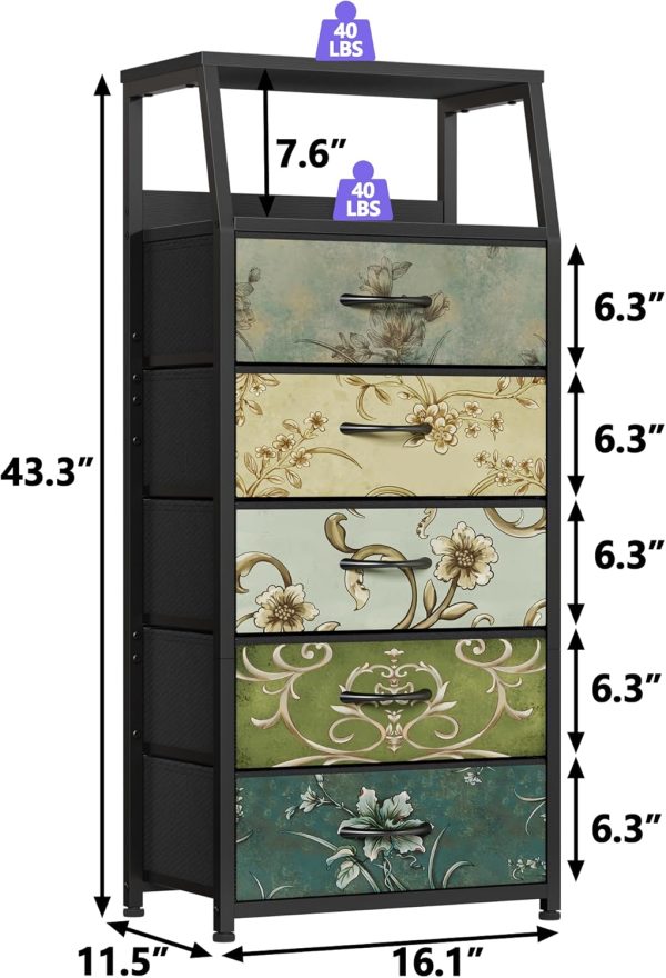 Furnulem Retro 5 Drawers Dresser, Tall Dresser for Bedroom, Closet, Hallway, Nursery, Fabric Storage Tower Dresser Organizer, Vertical Nightstand Side Table Furniture, Steel Frame, Wood Top - Image 3