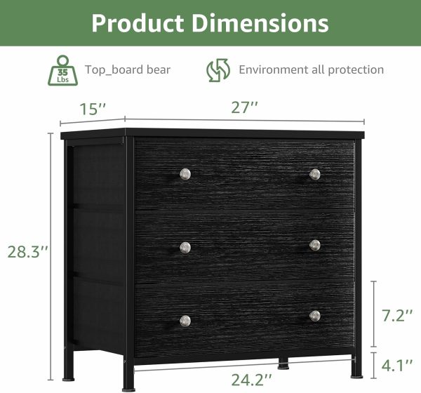 BOLUO Black Nightstand with Fabric Drawers, Large Night Stand 3 Drawer Dresser for Bedroom, Closet, Kids, Girls Modern - Image 2