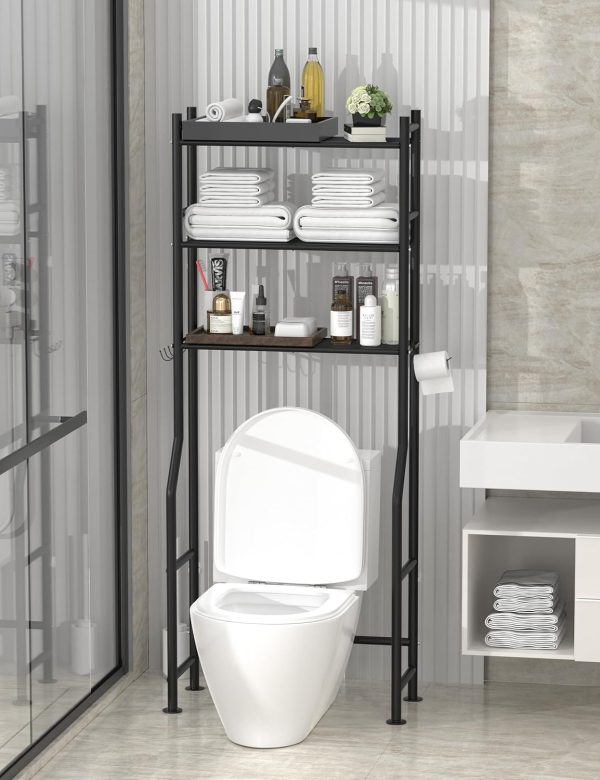 3-Tier Over The Toilet Storage, Freestanding Metal Bathroom Shelves with 4 Hooks, Over Toilet Storage Shelf with Paper Holder, Above The Toilet Shelf for Bathroom Storage, Black - Image 2