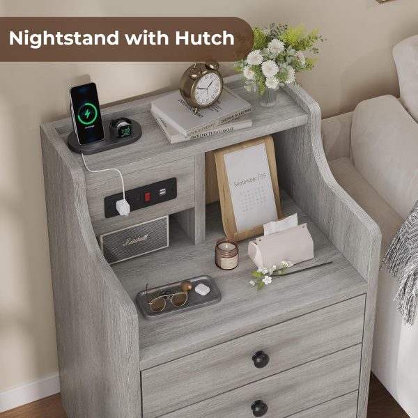 Tiptiper Nightstand with Charging Station, Grey Night Stands with Hutch, 3 Drawers Bedroom End Table Bedside Table with 2 USB Ports & 2 Outlets - Image 2