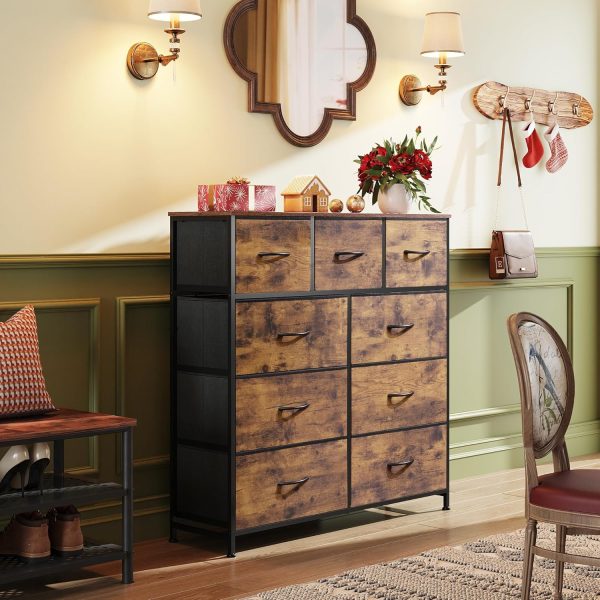 WLIVE 9-Drawer Dresser, Fabric Storage Tower for Bedroom, Hallway, Entryway, Closet, Tall Chest Organizer Unit with Fabric Bins, Steel Frame, Wood Top, Easy Pull Handle, Rustic Brown Wood Grain Print - Image 2