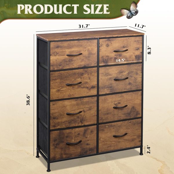 WLIVE Tall Fabric Dresser with 8 Drawers, Storage Tower with Fabric Bins, Double Dresser, Chest of Drawers for Closet, Bedroom, Living Room, Hallway, Dorm, Rustic Brown Wood Grain Print - Image 2
