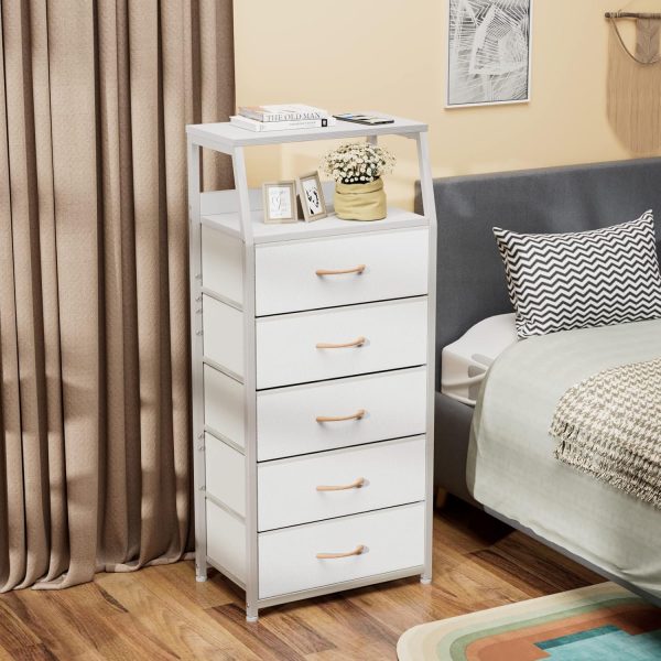 Furnulem White Dresser with 5 Drawers, Vertical Storage Tower Fabric Dresser for Bedroom, Hallway, Entryway, Nursery, Closet Organizer, Nightstand Bedside Table Furniture, Sturdy Steel Frame, Wood Top - Image 2