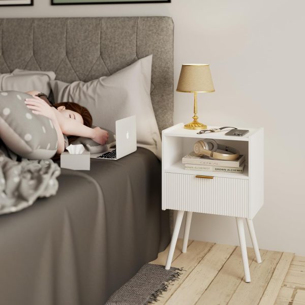 White Nightstand,Modern Bedside Table with Storage Drawer and Open Wood Shelf, for Living Room, Bedroom and Small Spaces, Accent Night Stand with Solid Wood Legs, Easy Assembly,Classic White - Image 3