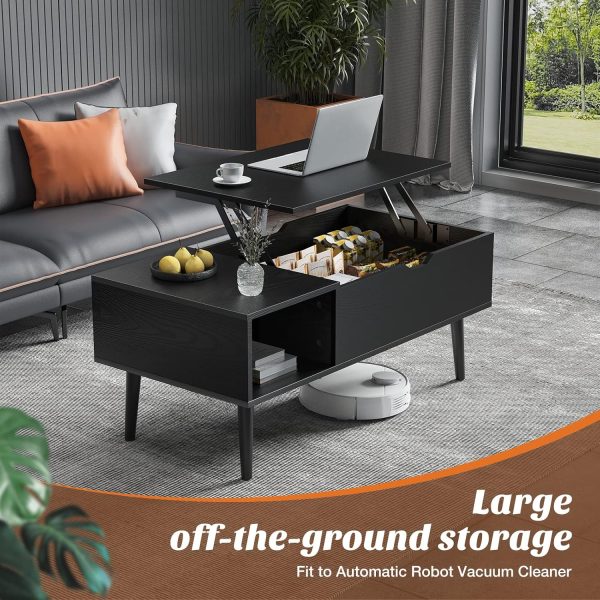 Sweetcrispy Coffee Table Black, Lift Top Coffee Tables for Living Room, Small Rising Wooden Dining Center Tables with Storage Shelf and Hidden Compartment - Image 3