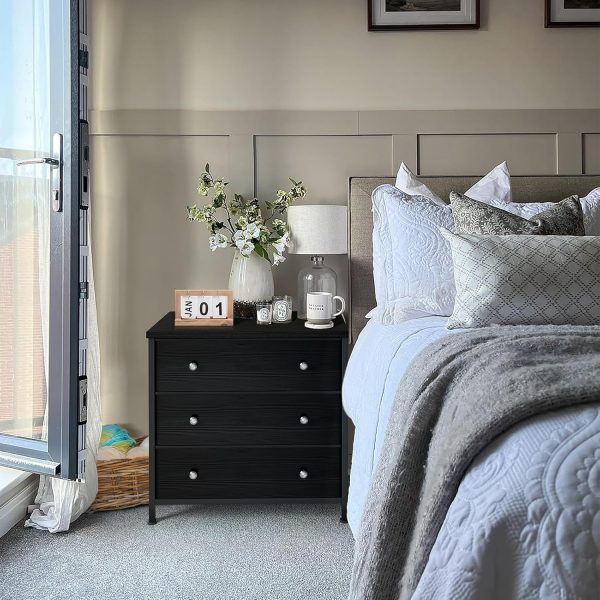 BOLUO Black Nightstand with Fabric Drawers, Large Night Stand 3 Drawer Dresser for Bedroom, Closet, Kids, Girls Modern - Image 3