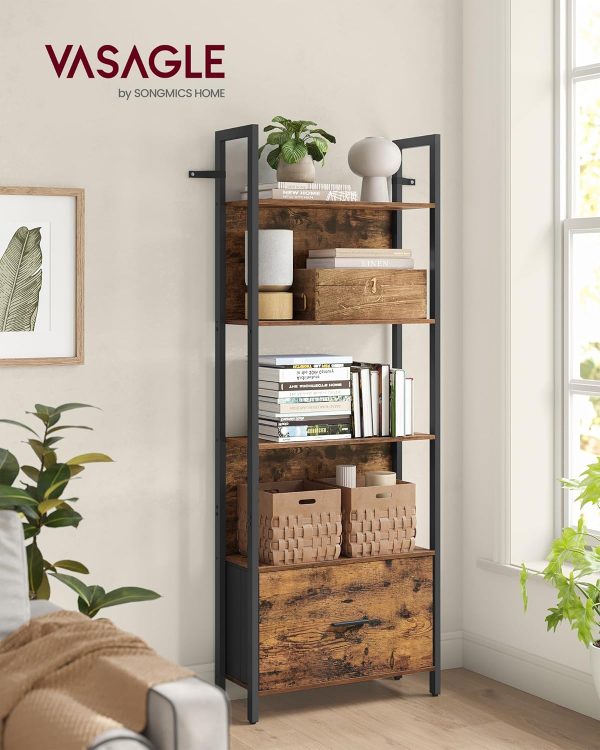 VASAGLE 5-Tier Bookshelf, Book Shelf with Drawer, Industrial Bookcase, with Steel Frame, for Living Room, Home Office, Bedroom, 9.4 x 23.6 x 65 Inches, Rustic Brown and Black ULLS147B01 - Image 2