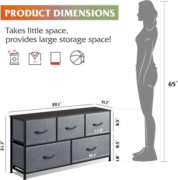 WLIVE Dresser for Bedroom with 5 Drawers, Wide Chest of Drawers, Fabric Dresser, Storage Organizer Unit with Fabric Bins for Closet, Living Room, Hallway, Dark Grey - Image 3