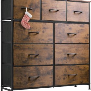 WLIVE 9-Drawer Dresser, Fabric Storage Tower for Bedroom, Hallway, Entryway, Closet, Tall Chest Organizer Unit with Fabric Bins, Steel Frame, Wood Top, Easy Pull Handle, Rustic Brown Wood Grain Print