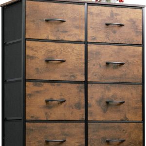 WLIVE Tall Fabric Dresser with 8 Drawers, Storage Tower with Fabric Bins, Double Dresser, Chest of Drawers for Closet, Bedroom, Living Room, Hallway, Dorm, Rustic Brown Wood Grain Print