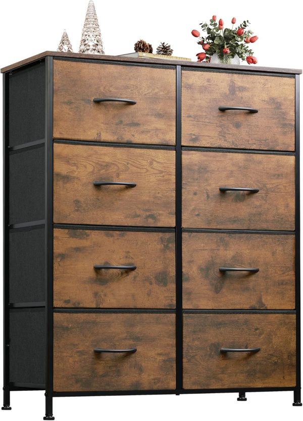 WLIVE Tall Fabric Dresser with 8 Drawers, Storage Tower with Fabric Bins, Double Dresser, Chest of Drawers for Closet, Bedroom, Living Room, Hallway, Dorm, Rustic Brown Wood Grain Print