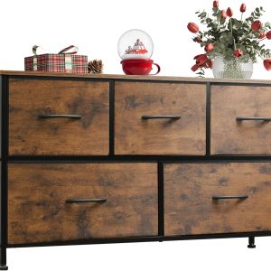 WLIVE Dresser for Bedroom with 5 Drawers, Wide Chest of Drawers, Fabric Dresser, Storage Organizer Unit with Fabric Bins for Closet, Living Room, Hallway, Rustic Brown Wood Grain Print