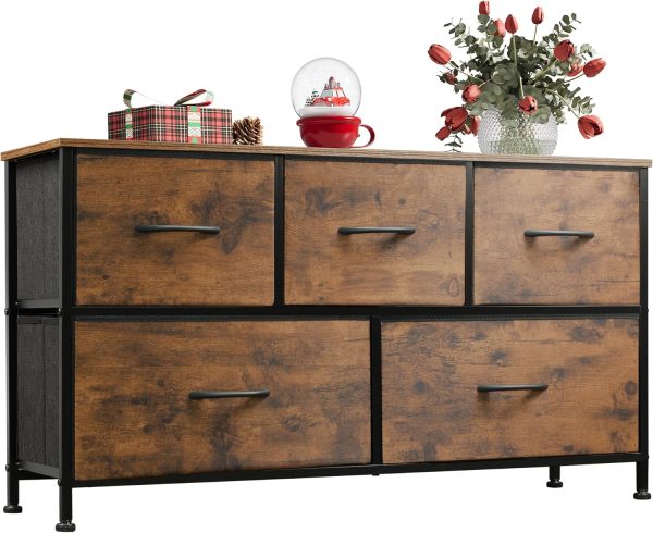 WLIVE Dresser for Bedroom with 5 Drawers, Wide Chest of Drawers, Fabric Dresser, Storage Organizer Unit with Fabric Bins for Closet, Living Room, Hallway, Rustic Brown Wood Grain Print