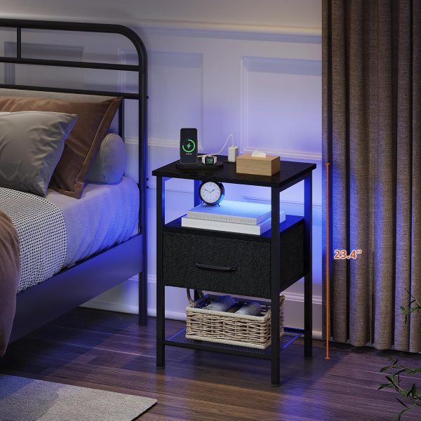 Night Stand Set 2, End Table with Charging Station, LED Bedside Table with Fabric Drawer for Bedroom, 3-Tier Side Table with Open Shelf, Black - Image 2