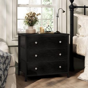 BOLUO Black Nightstand with Fabric Drawers, Large Night Stand 3 Drawer Dresser for Bedroom, Closet, Kids, Girls Modern