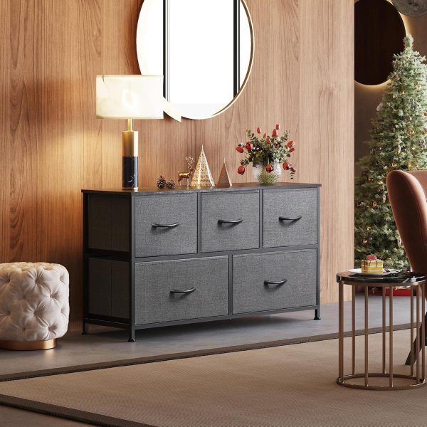 WLIVE Dresser for Bedroom with 5 Drawers, Wide Chest of Drawers, Fabric Dresser, Storage Organizer Unit with Fabric Bins for Closet, Living Room, Hallway, Dark Grey - Image 2