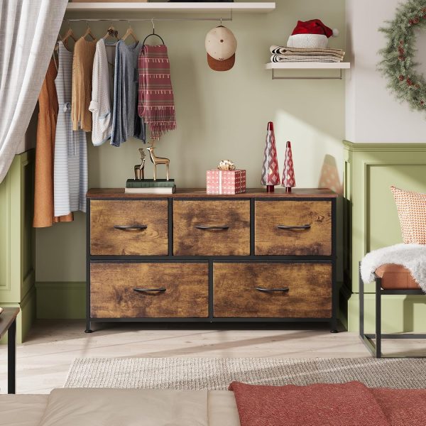 WLIVE Dresser for Bedroom with 5 Drawers, Wide Chest of Drawers, Fabric Dresser, Storage Organizer Unit with Fabric Bins for Closet, Living Room, Hallway, Rustic Brown Wood Grain Print - Image 2